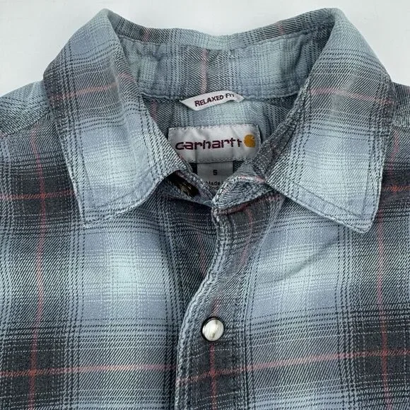 Carhartt Men's Relaxed Fit Plaid Long Sleeve Grey Blue Heavyweight Shirt Small - Picture 2 of 16